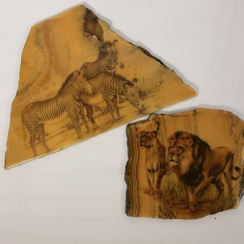 Vintage Onyx Stone Art Plaques Zebra Lion Safari Wildlife Decor‎ Set of 2